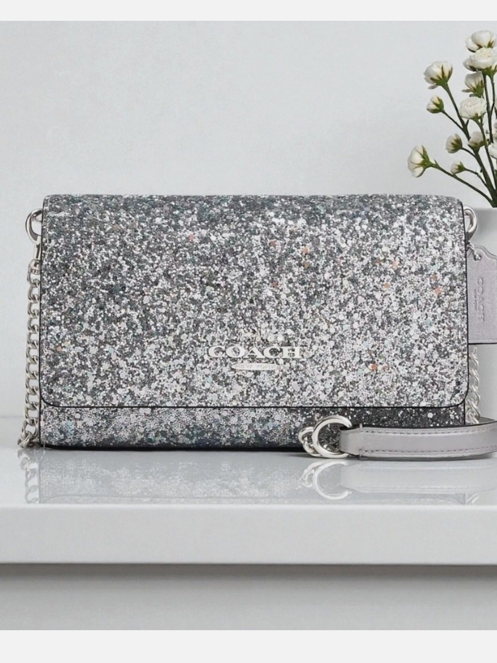 Coach Flap Crossbody Bag in Silver Glitter and Leather